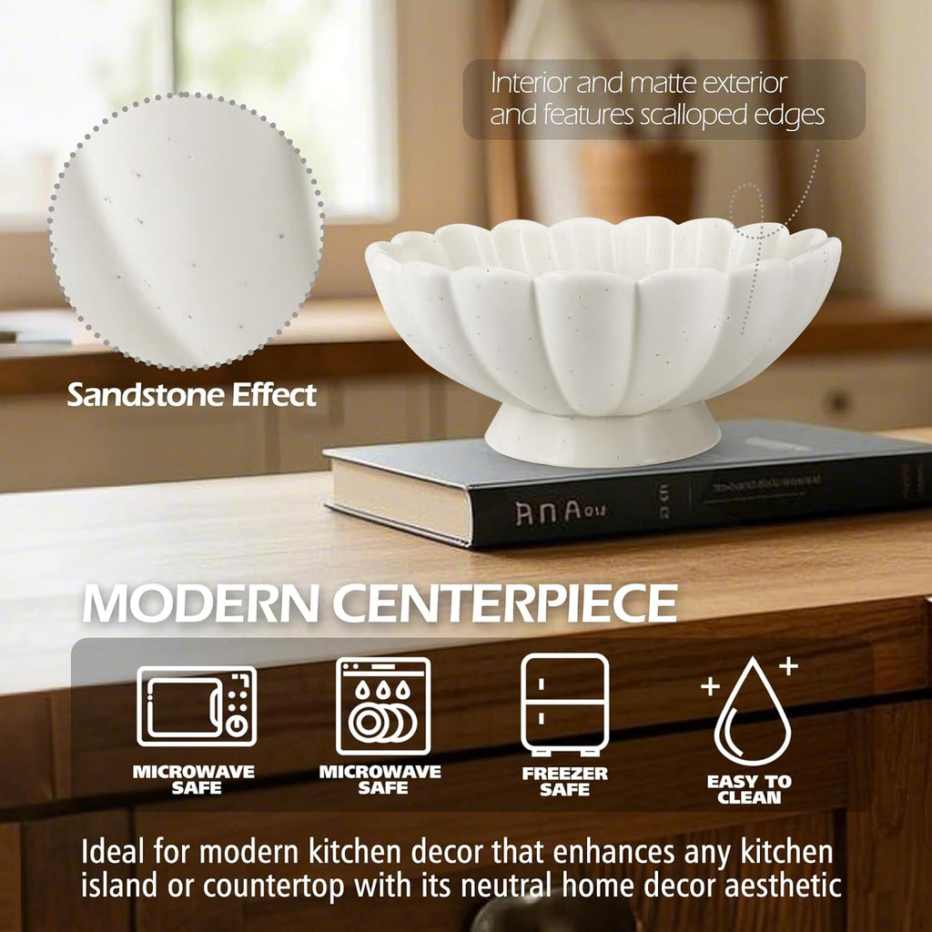 Accessoryway 8" White Fluted Scalloped Decorative Bowls -Moderate Ceramic Fruit Bowl for Kitchen Counter, Elegant Wavy Edge Centerpiece Bowls for Home Decor, Perfect for Housewarming &Wedding Gift